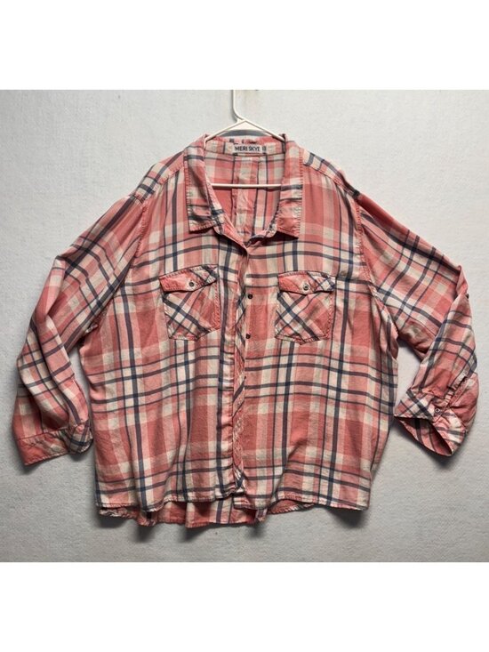 Meri Skye Tops - Plaid Button-Up Shirt By Meri Skye Size L Pink & Blue Long Sleeve Lightweight